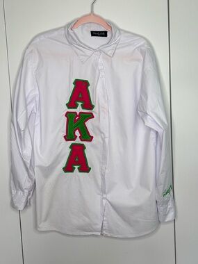White Alpha Kappa Alpha Button-Up Shirt - Hot Pink & Green appliqué Lettering